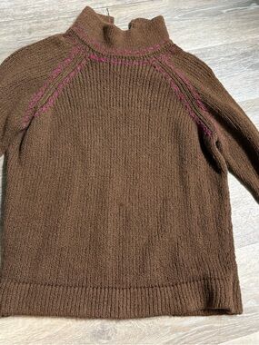 Brown Mock Neck Women's Sweater with Pink Stitch Detail